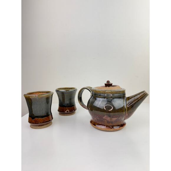 Brown Green Ceramic Hand Thrown Pottery Decorative Cup & Teapot Tea Set 3-Piece - Picture 2 of 12